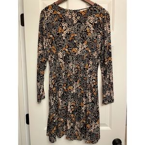 H&M Black Floral Smocked Waist Long Sleeve Dress